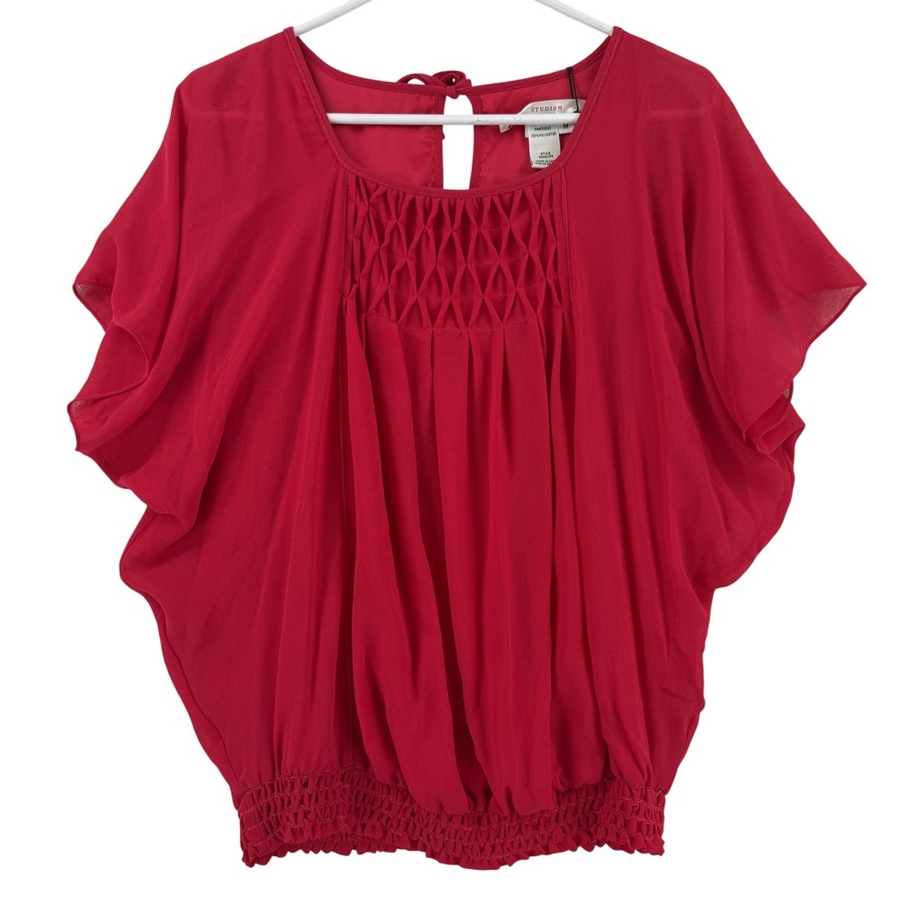 Studio M Blouse Womens Medium Red Scoop Neck Short Kimono Sleeve Priscilla Top‎